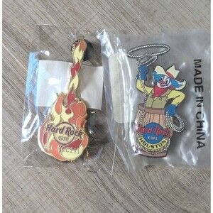 New Hard Rock Cafe Houston Guitar & Roping Clown in a Barrel Set Of 2 Pins